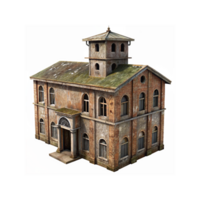 Abandoned Rustic Brick Building With Weathered Walls and Mossy Roof for Architectural Visualization png
