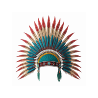 Vibrant Indigenous Feather Headdress with Red and Turquoise Accents and Decorative Beads png