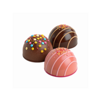 Three Assorted Chocolate Candies with Sprinkles and Frosting on Transparent Background for Dessert Presentation png