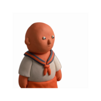 Clay Figurine of Bald Child in Sailor Outfit with Navy Blue and Orange Details on Transparent Background png