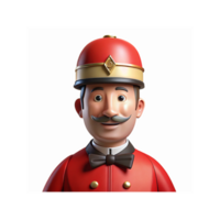 3D Rendering Old Fashioned Bellhop Character Red Uniform Black Bow Classic Mustache Cheerful Expression png