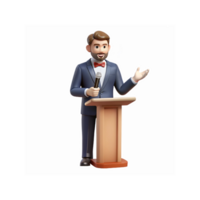 3D Cartoon Speaker in Suit with Microphone Giving Speech at Podium for Business Presentation png
