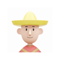 Smiling Minimalist Cartoon Character Wearing Yellow Hat and Poncho with Red and Gold Patterns png