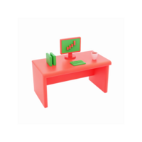 Minimalist Red Desk with Green Computer Screen Keyboard Organizers and Coffee Mug on Transparent Background png