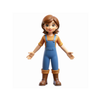 Smiling Girl in Blue Overalls and Brown Boots with Open Arms Friendly Character Design png