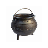 Black Cast Iron Cauldron with Rivets and Handle for Cooking or Decorative Use on Transparent Background png
