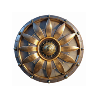 Golden Metallic Shield With Flower Shaped Design and Symmetrical Patterns on Transparent Background png