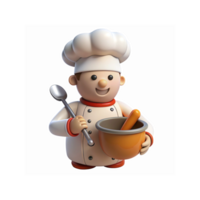 3D Cartoon Chef Holding Spoon and Mixing Bowl in White Uniform with Red Trim Smiling on Transparent Background png