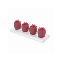 Four Red Glossy Chocolate Truffle Balls with Dripping Toppings on White Display Stand Transparent Background png