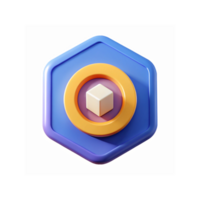 Modern Hexagonal Blue Badge Design with White Cube Centered in Yellow and Pink Layers png