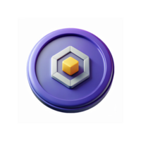 Purple Circular Crypto Token with Yellow Center Cube and Hexagon Silver Shape for Digital Currency png