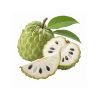 Fresh Green Custard Apple Whole and Sliced with Black Seeds and Bright Green Leaves on Transparent Background png