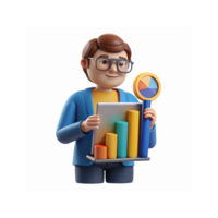 Smiling Cartoon Businessman Holding Tablet with Bar Graphs and Colorful Pie Chart for Analytics png