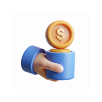 3D Hand Holding Gold Coin Inside Blue Container Representing Saving Investment or Profit Concept png