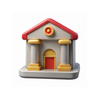 3D Illustration of Bank Building Icon with Red Roof Golden Columns and Star Emblem on White Background png
