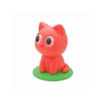 Cute Minimalistic Red Cartoon Cat Figurine Sitting on Green Base with Wide Eyes and Playful Expression png