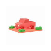 Minimalistic Red Pickup Truck Illustration with Green Bushes on Transparent Background for Design Projects png