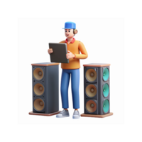 Man Using Tablet Between Standing Speakers in Orange Shirt and Blue Cap with Transparent Background png