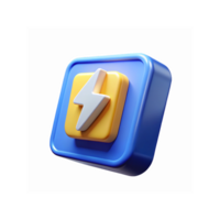 3D Icon of Yellow Lightning Bolt on Blue Square for Energy Power App Concept Isolated on Transparent Background png