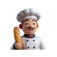 Smiling Cartoon Baker Chef Holding Baguette in White Coat and Chef Hat with Mustache png