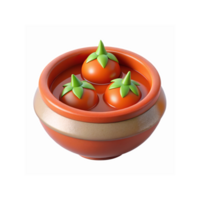 Clay Pot with Three Ripe Red Tomatoes Floating in Liquid with Green Stems and Glossy Finish png