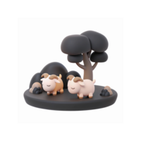 Cute 3D Cartoon Rams Grazing on Minimal Dark Landscape with Tree and Rocks png