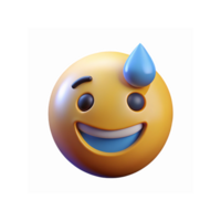 3D Smiling Face Emoji with Sweat Drop Expressing Nervousness or Relief on Transparent Background png