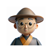 3D Cartoon Monk Character Wearing Hat with Round Glasses in Traditional Robe on Transparent Background png
