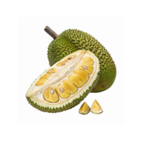 Whole Green Jackfruit with Sliced Half Showing Yellow Pulp and Seeds on Transparent Background png