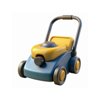 Blue and Yellow Toy Lawn Mower with Wheels and Handle Isolated on Transparent Background for Kids Play png