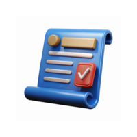 3D Blue Scroll Document Icon with Red Checkmark and Gold Button on Transparent Background for Applications png