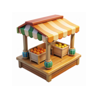 Wooden Market Stall with Striped Canopy and Fruit Crates Featuring Oranges and Lemons png