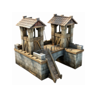 Medieval Wooden and Stone Guard Tower with Bridge Architectural Design for Fantasy Games and History Projects png