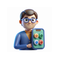 Cartoon Man with Glasses Holding Smartphone Displaying Colorful App Buttons on Transparent Background png