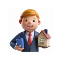 Smiling Real Estate Agent Holding Model House and Briefcase in Business Suit with Red Tie Illustration png