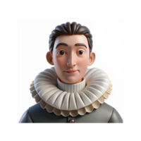 3D Render Portrait of Person in Historical Styled Attire with White Ruffled Collar on Transparent Background png