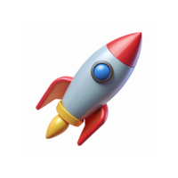 Colorful 3D Rocket Icon with Red Nose Cone and Blue Window on Transparent Background for Technology Design png