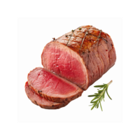 Perfectly Cooked Juicy Medium Rare Roast Beef Tenderloin with Sliced Portion and Fresh Rosemary Garnish png