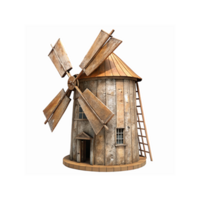 Rustic Wooden Windmill with Weathered Blades and Ladder on Transparent Background for Vintage Design png