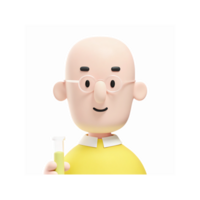 Smiling Bald Cartoon Scientist Holding Test Tube Wearing Glasses and Yellow Shirt on Transparent Background png