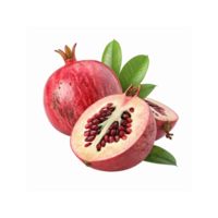 Fresh Ripe Red Pomegranates with Glossy Green Leaves and Juicy Open Seeds on Transparent Background png
