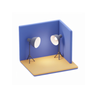 Minimal 3D Setup with Blue Background and Lighting Equipment on Wooden Surface for Studio png