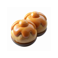 Closeup of Two Caramel Glazed Round Pastry Desserts with Smooth Texture and Glossy Topping png