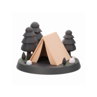 Minimalist Camping Tent Scene with Trees and Rocks in Soft Tones on Transparent Background png