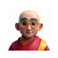 Smiling Bald Monk Character in Red and Yellow Robe with Gold Glasses on Transparent Background png