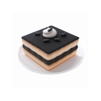 Square Black and White Layered Dessert with Cream Topping and Licorice on White Plate png
