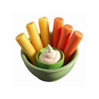 Green Bowl with Carrot and Cheese Sticks and Dip in Green Cup for Healthy Snacking or Appetizers png