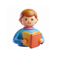 3D Illustration of Smiling Child Reading an Orange Book in Blue Sweater with Transparent Background png