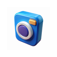 Blue 3D Cartoon Camera Icon with Purple Lens and Yellow Button on Transparent Background for Digital Applications png