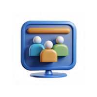 3D Icon of Digital Team Collaboration on Blue Computer Screen with Colorful User Avatars png